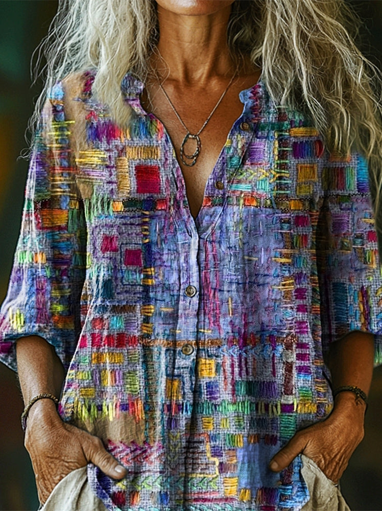 Damen Retro-Hemd aus Baumwolle und Leinen im Ethno-Patchwork-Stil mit Kunstdruck