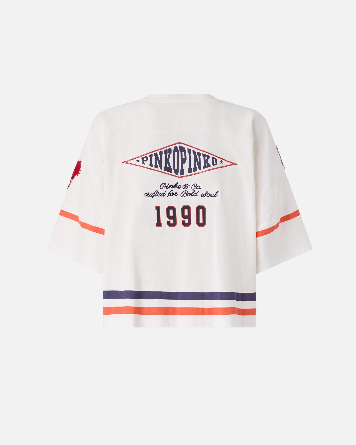 Cropped T-shirt with V-neck and branded patches