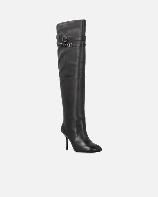 Knee-high nappa leather boots with heel and strap