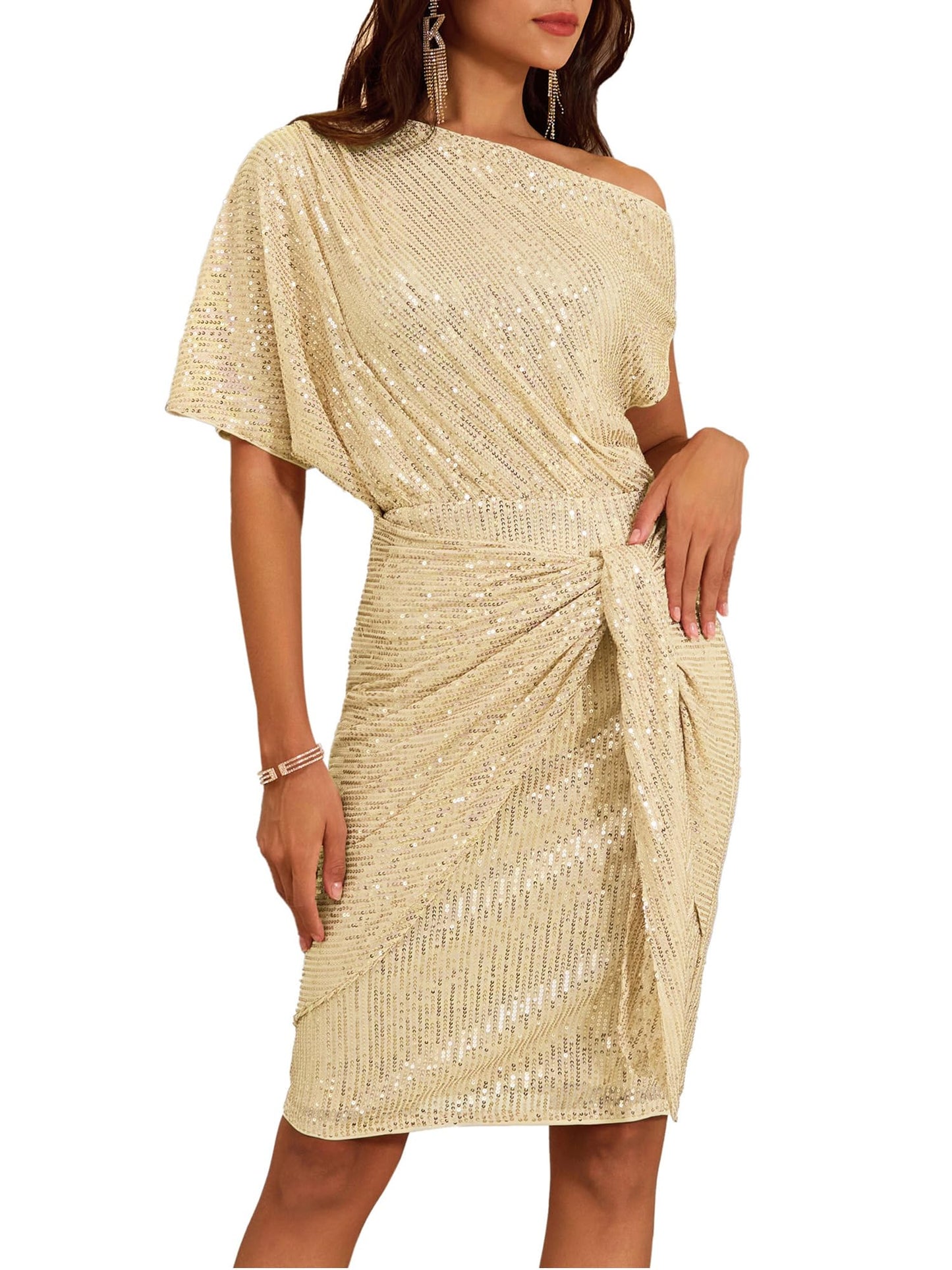 ⏰Hot Sale-Damen Pailletten Glitzer One-Shoulder gerafftes Bodycon-Kleid (Kaufe 2 versandkostenfrei)