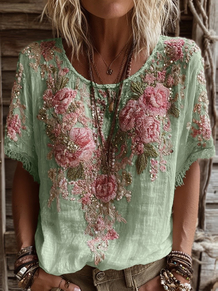 Damen T-Shirt aus Leinen-Mix mit Rundhalsausschnitt, kurzen Ärmeln und rosa Rosenstickerei