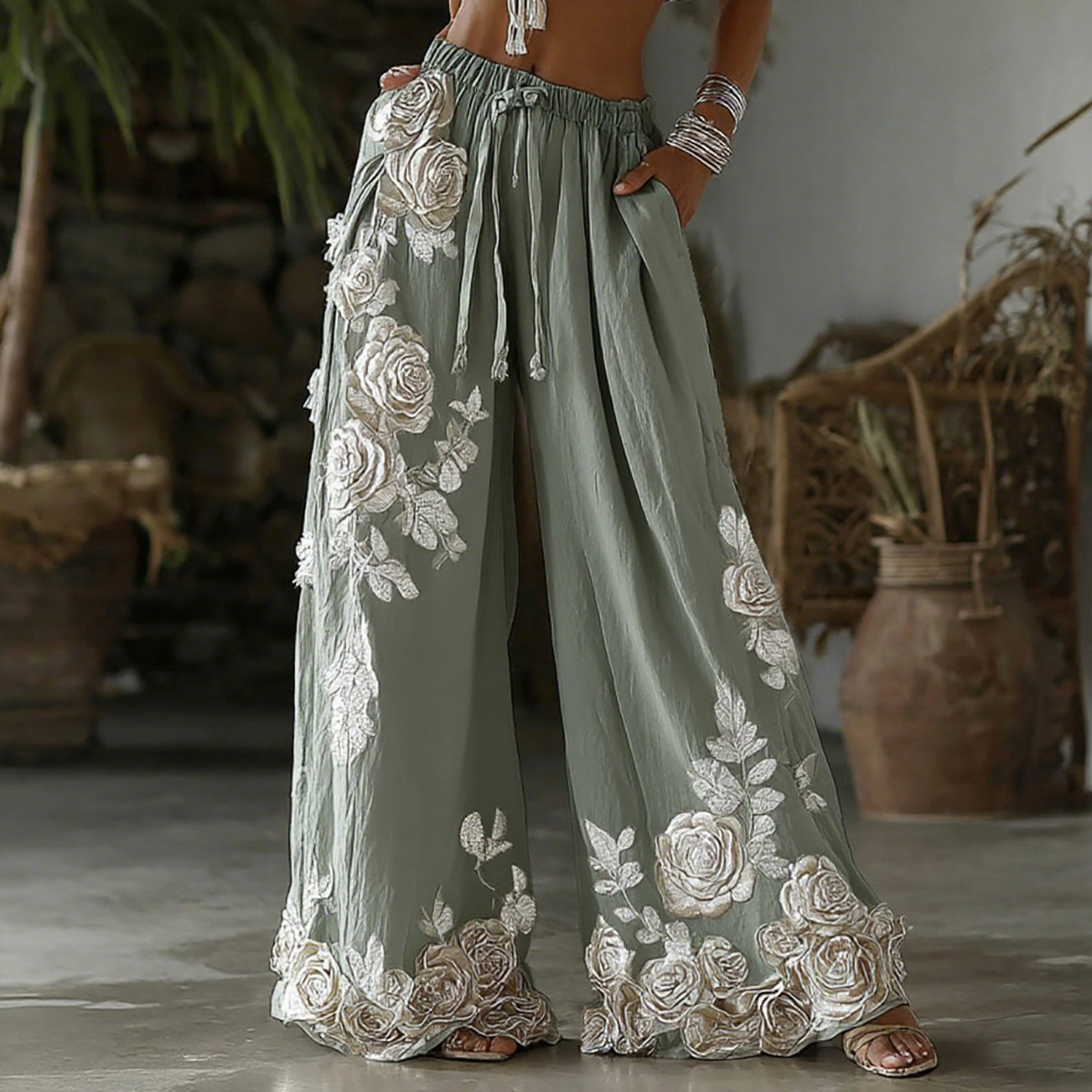 Damen Retro bestickte Leinenhose mit Blumenmuster im Casual-Look