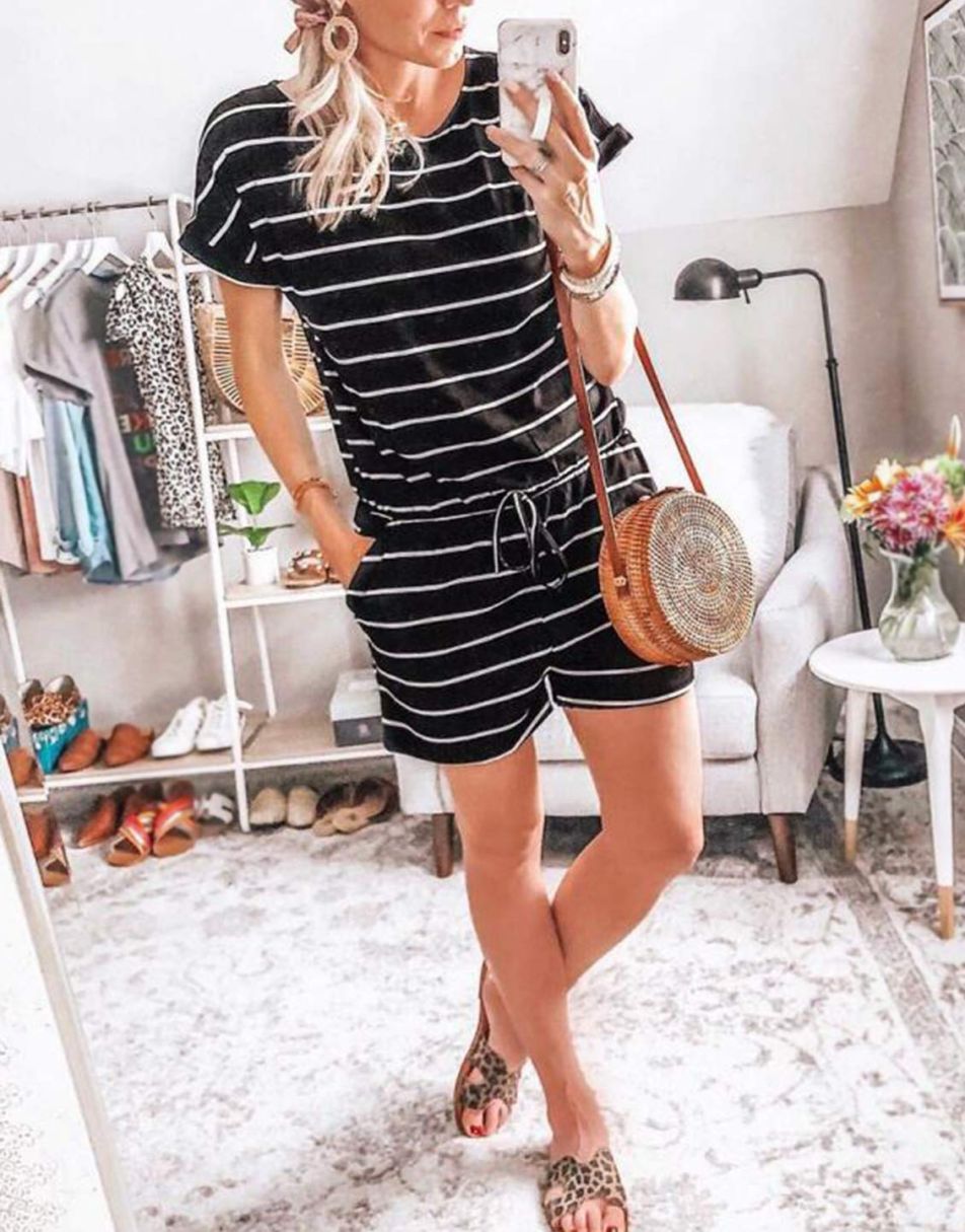 ANRABESS Kurzarm-Jumpsuit mit Streifen, Taschen, kurzer Hose, Schlafanzug, Loungewear
