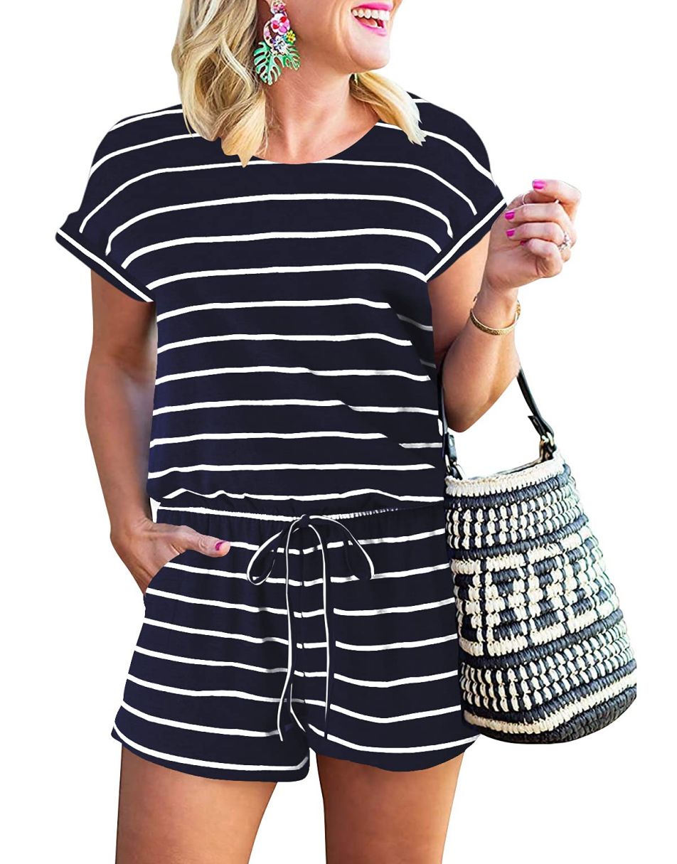 ANRABESS Kurzarm-Jumpsuit mit Streifen, Taschen, kurzer Hose, Schlafanzug, Loungewear