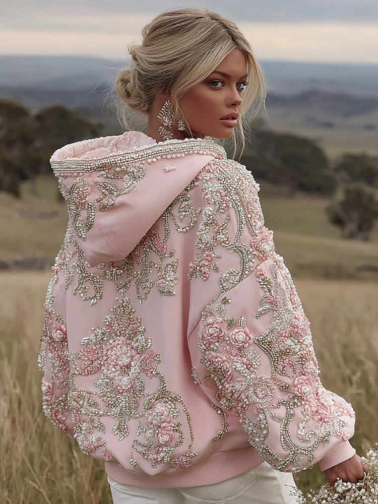 Damen Hoodie mit Blumenstickerei und langen Ärmeln, Rosa