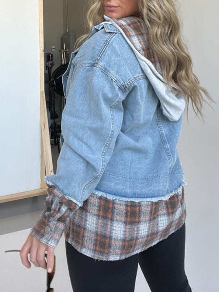Karierte Kapuzen-Jeansjacke (2 kaufen, kostenloser Versand)