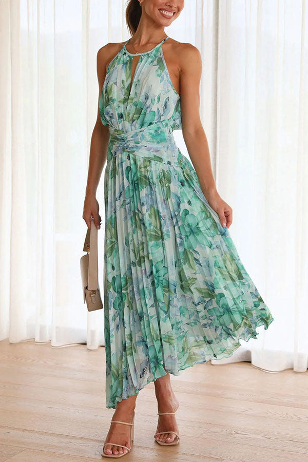 Teal floral pleated halter neck cut-out maxi dress