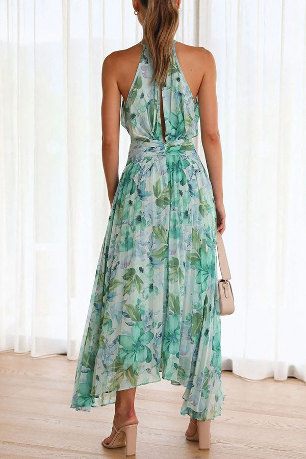 Teal floral pleated halter neck cut-out maxi dress