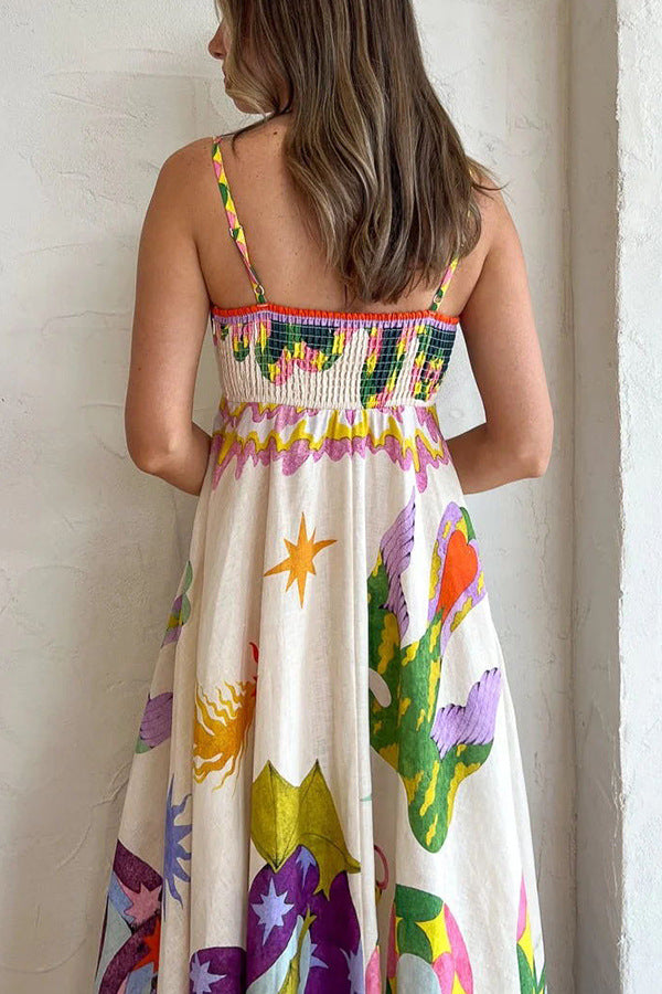 Midikleid aus Leinenmischung mit einzigartigem Print, gesmoktem Rückenteil und Taschen