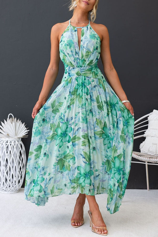 Teal floral pleated halter neck cut-out maxi dress