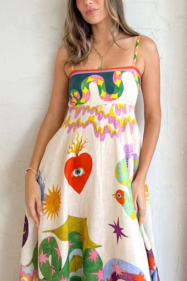 Midikleid aus Leinenmischung mit einzigartigem Print, gesmoktem Rückenteil und Taschen