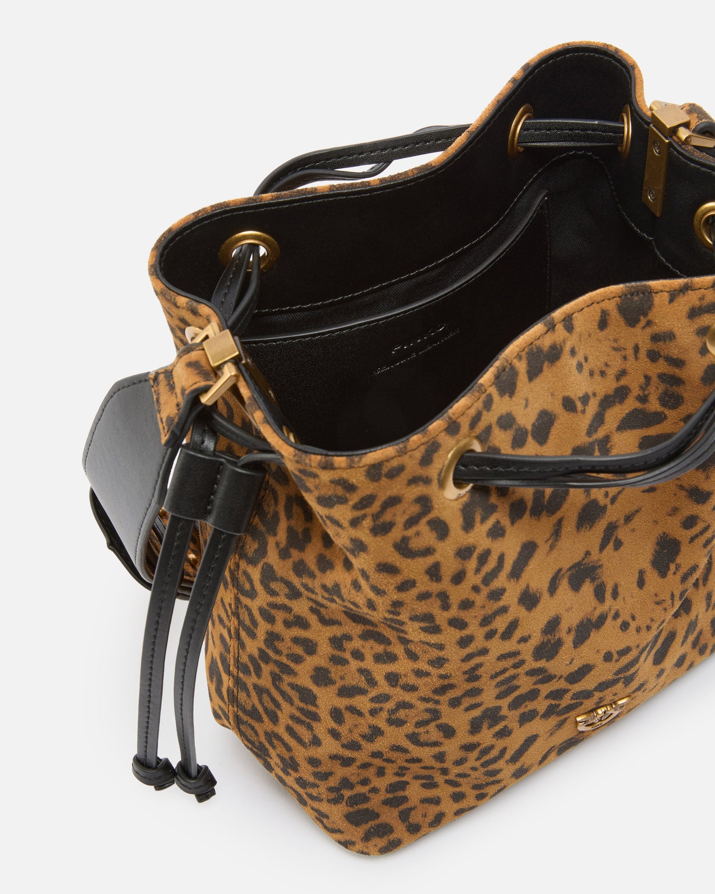Small crossbody bucket bag in leopard-print suede