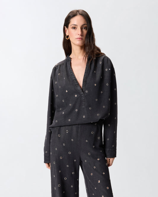 Dark denim blouse with eyelets
