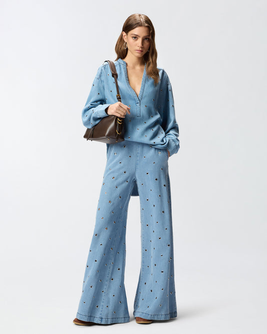 Denim blouse with eyelets
