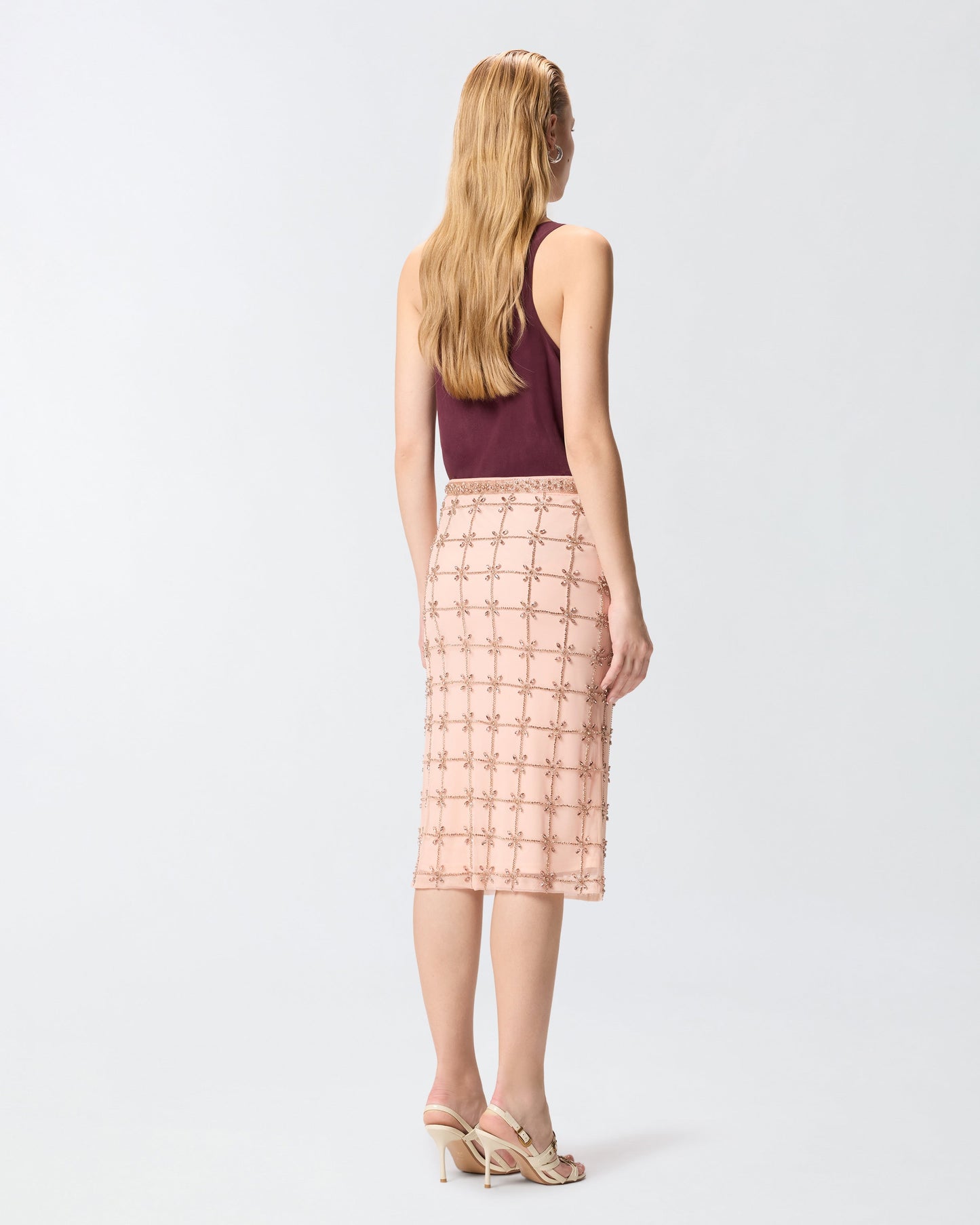 Mesh calf-length skirt with crystals