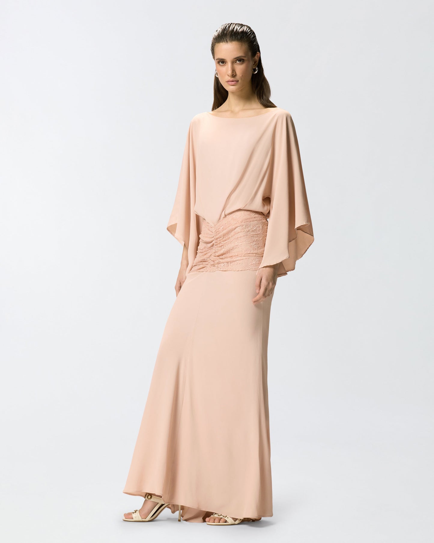 Long dress with draping and lace