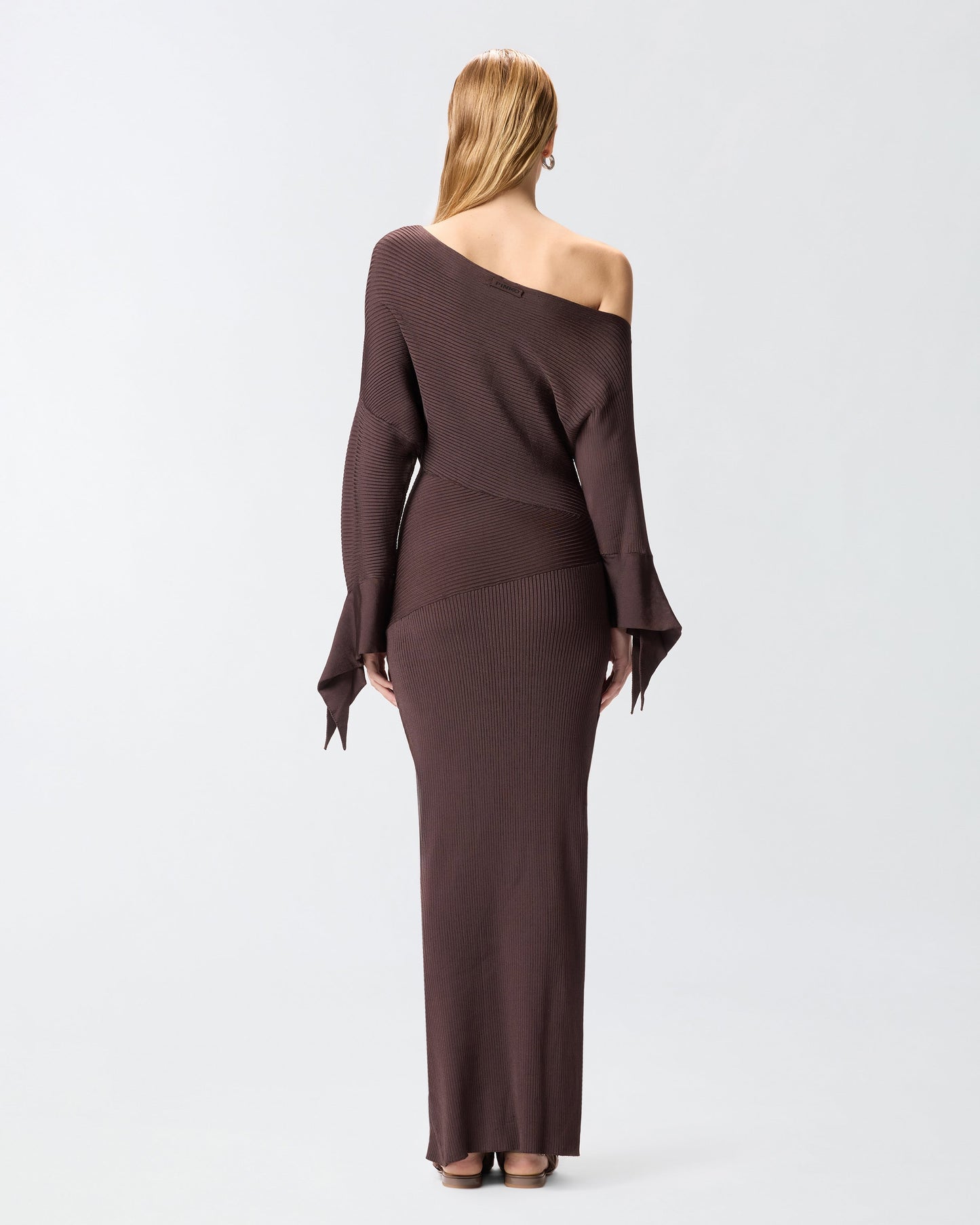 Long rib-knit dress with asymmetrical neckline