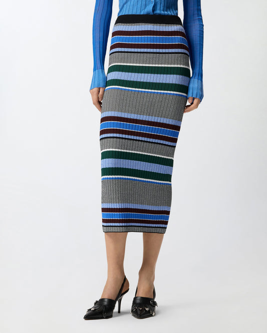 Calf-length striped knit slim-fit skirt