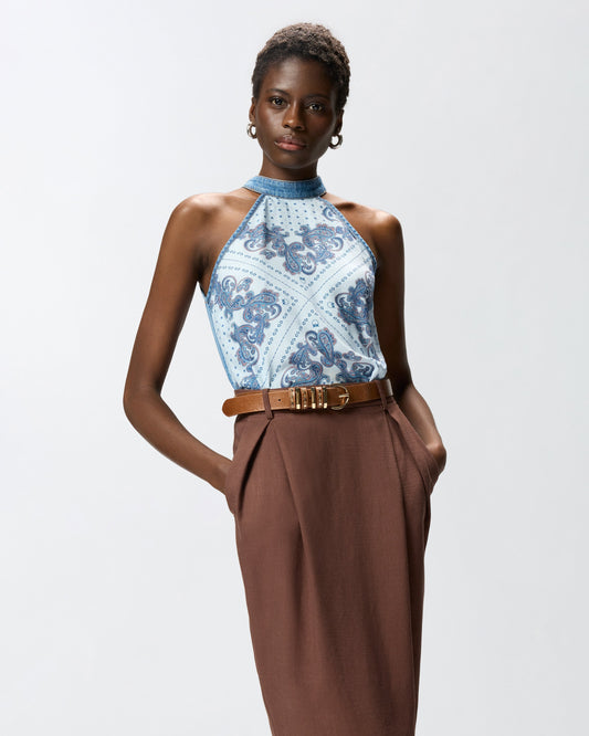 Denim top with scarf print