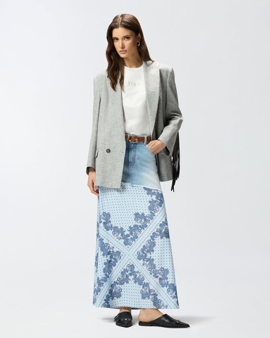 Denim midi skirt with scarf print
