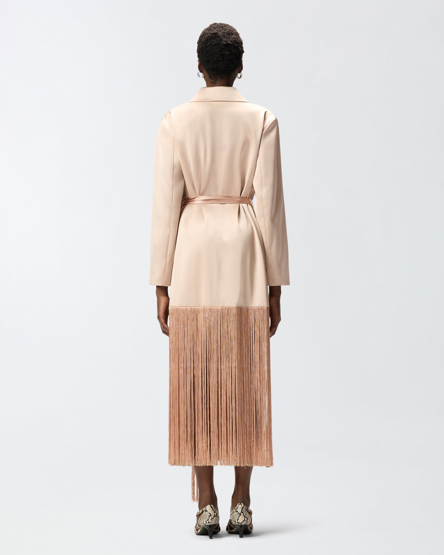 Satin trench coat with fringing