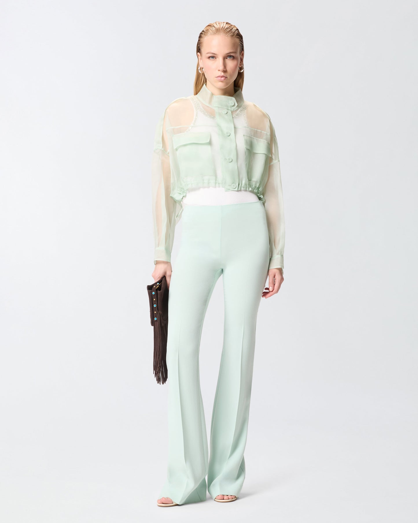 Flared trousers with pressed pleat detail