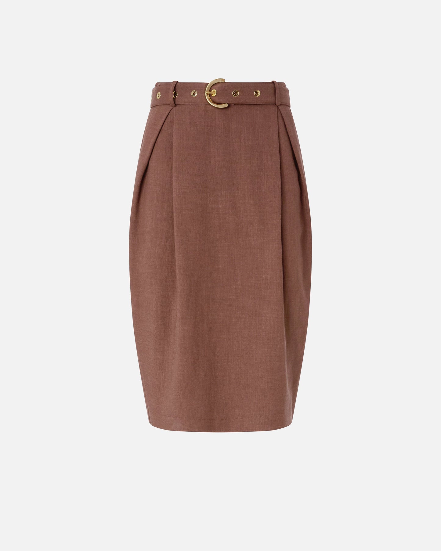 Slim-fitting calf-length skirt with belt