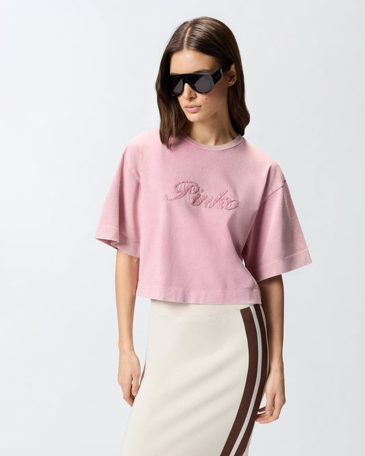 Cropped T-shirt with logo distressed embroidery