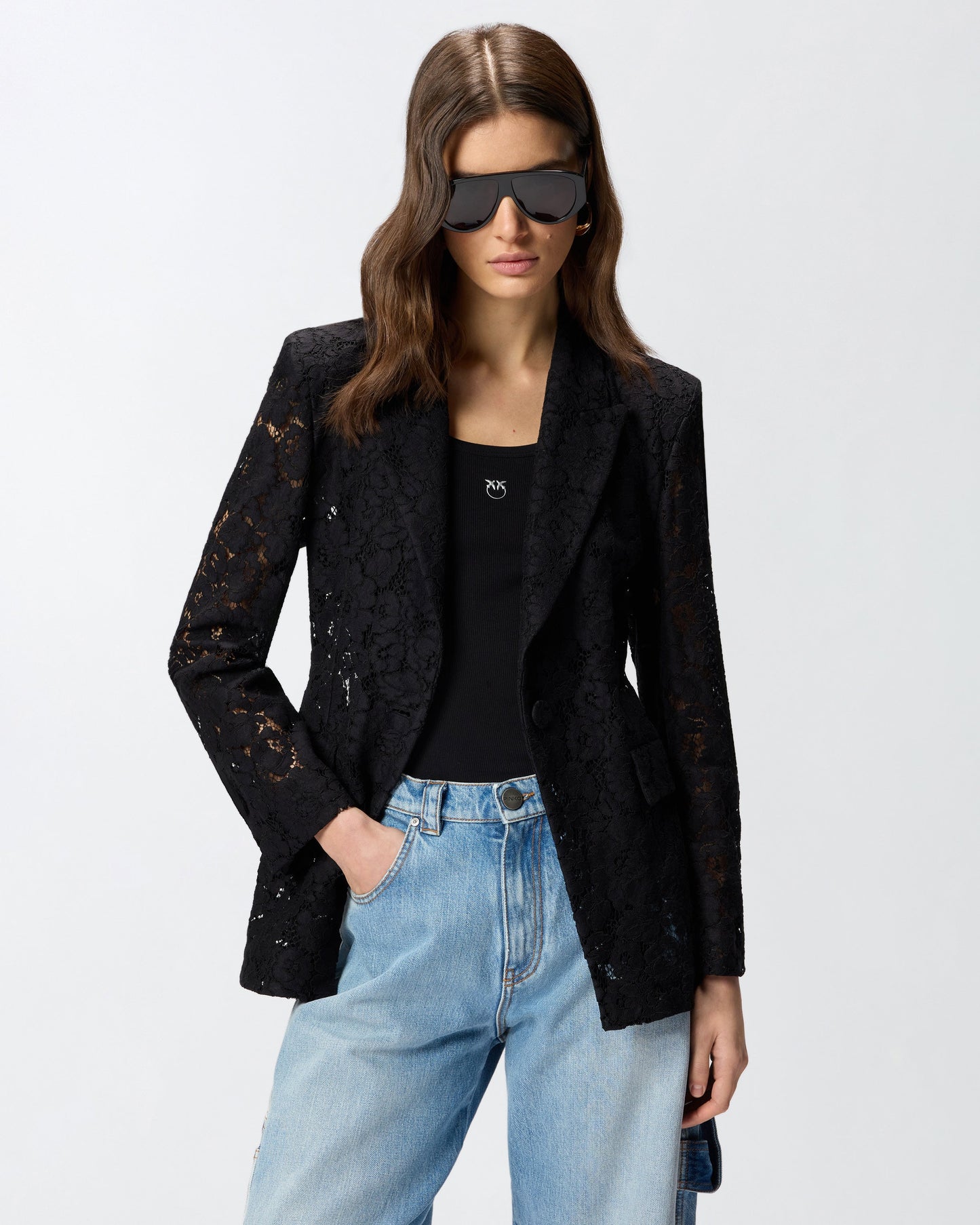 Lace blazer with jewel buttons