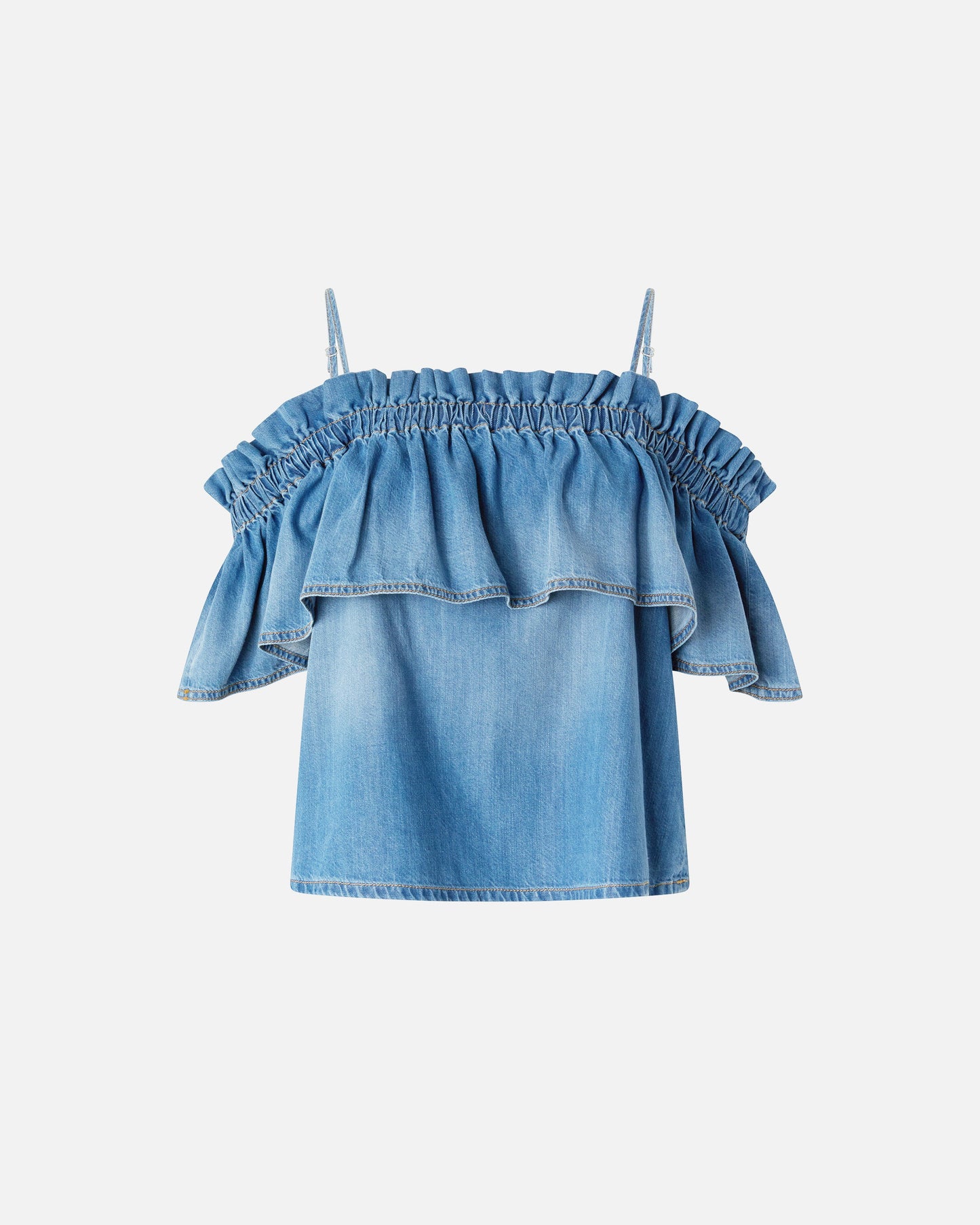 Denim top with ruffle and open shoulders
