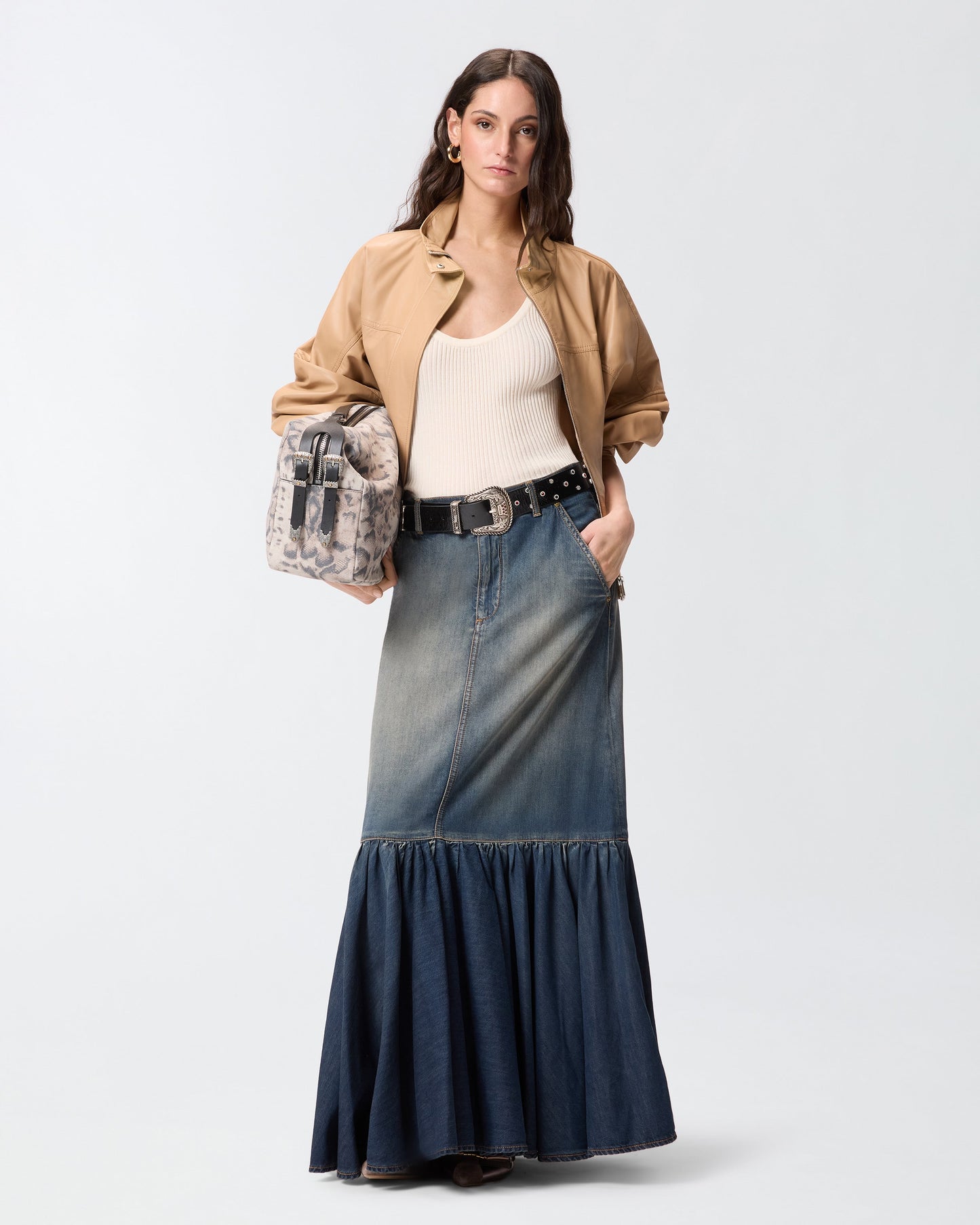 Long denim skirt with flounce and belt