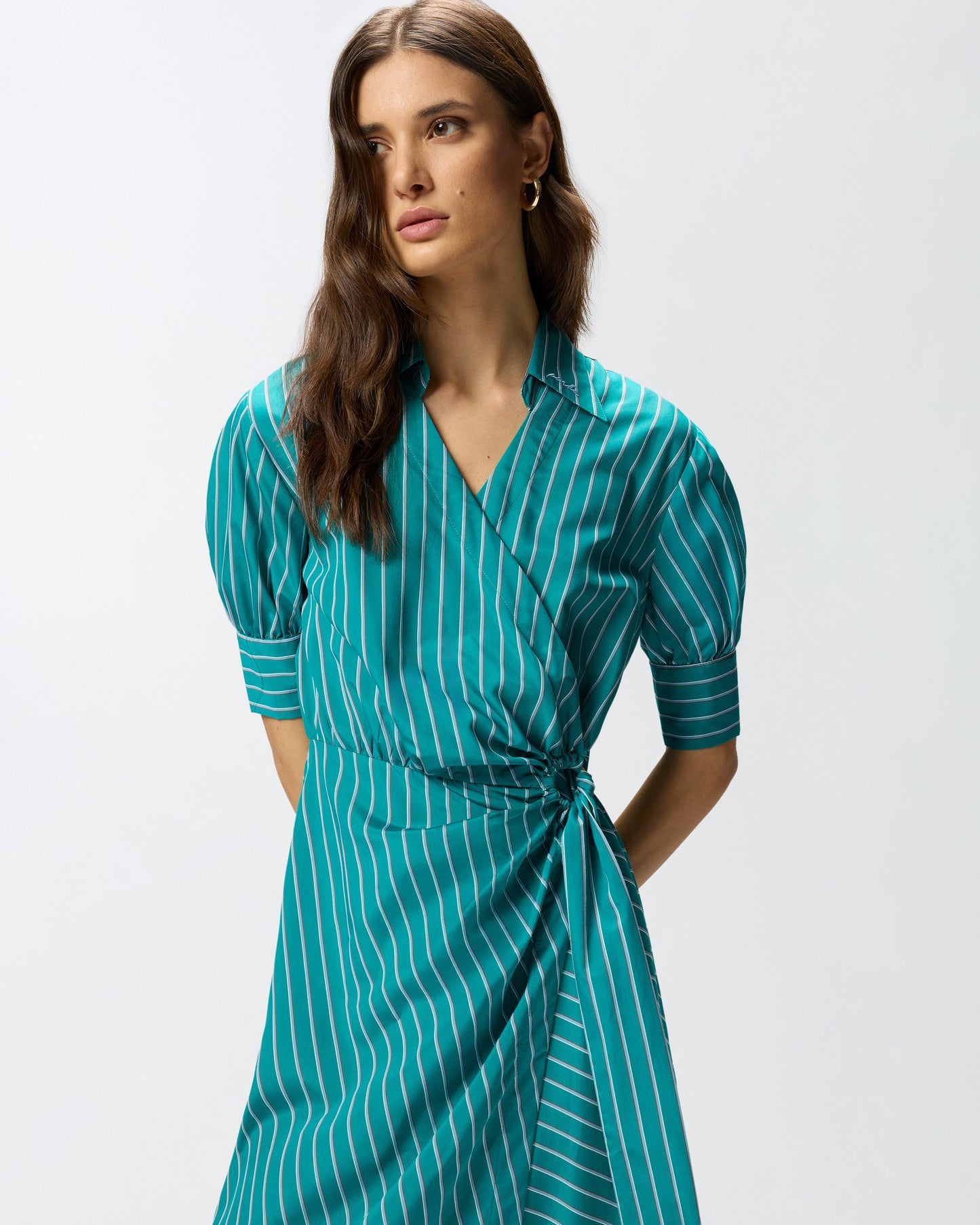 Long wrap dress with striped pattern
