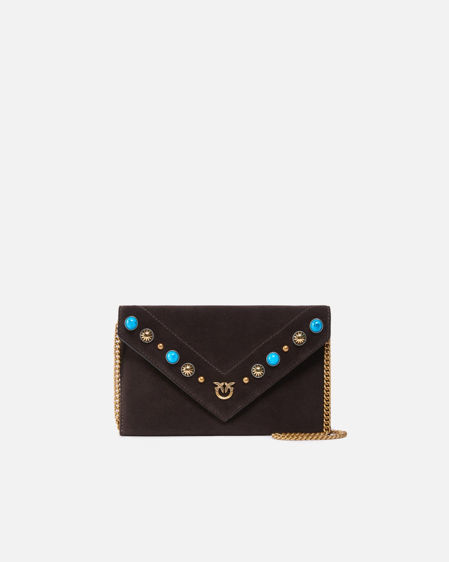 Small clutch bag in suede with studs and shoulder strap