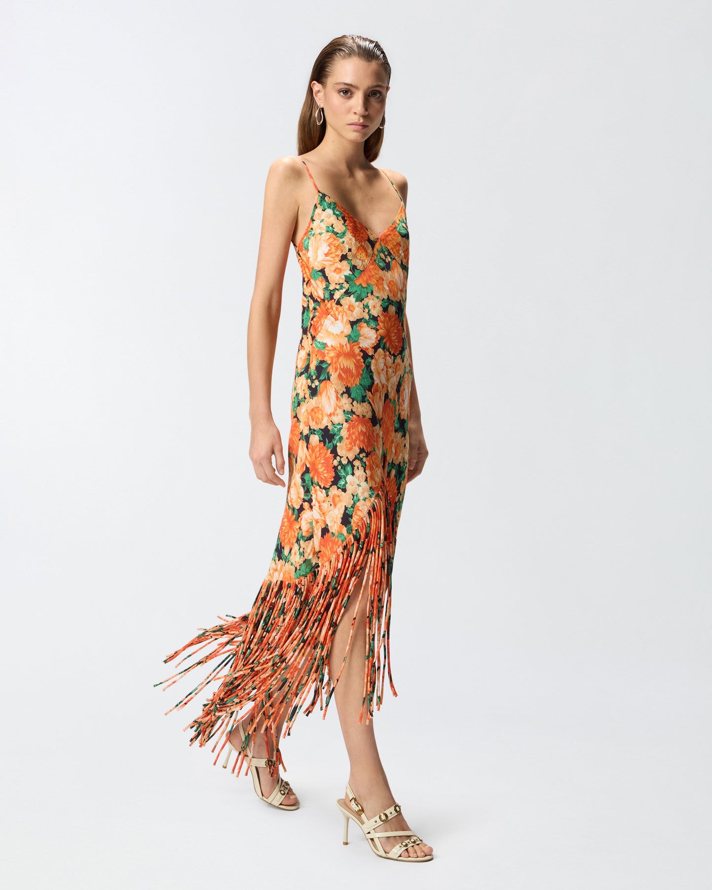 Long dress with fringing and Botanic Garden print
