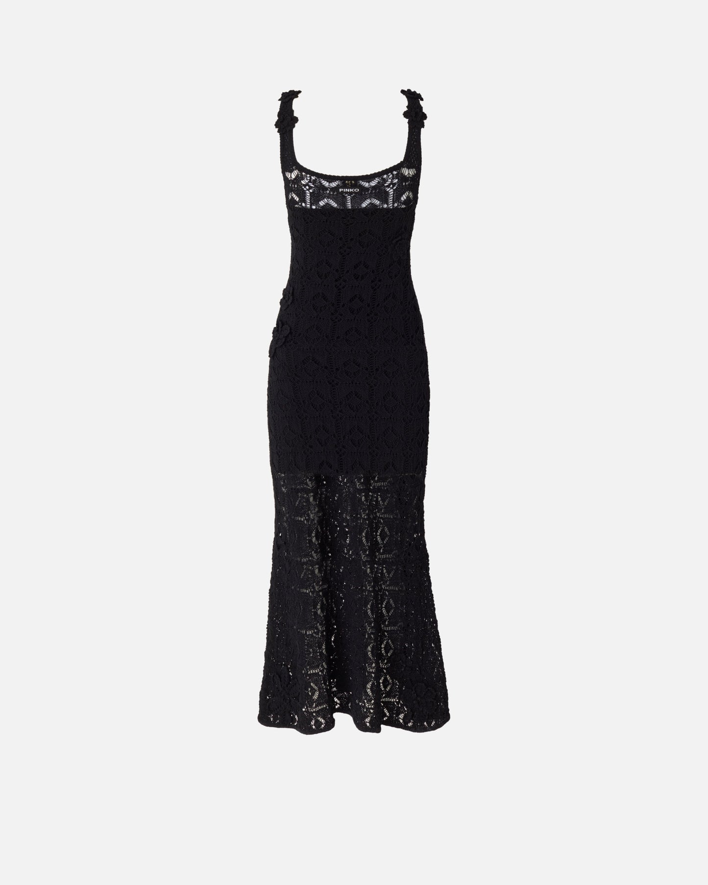 Crochet-effect midi dress with appliqué flowers