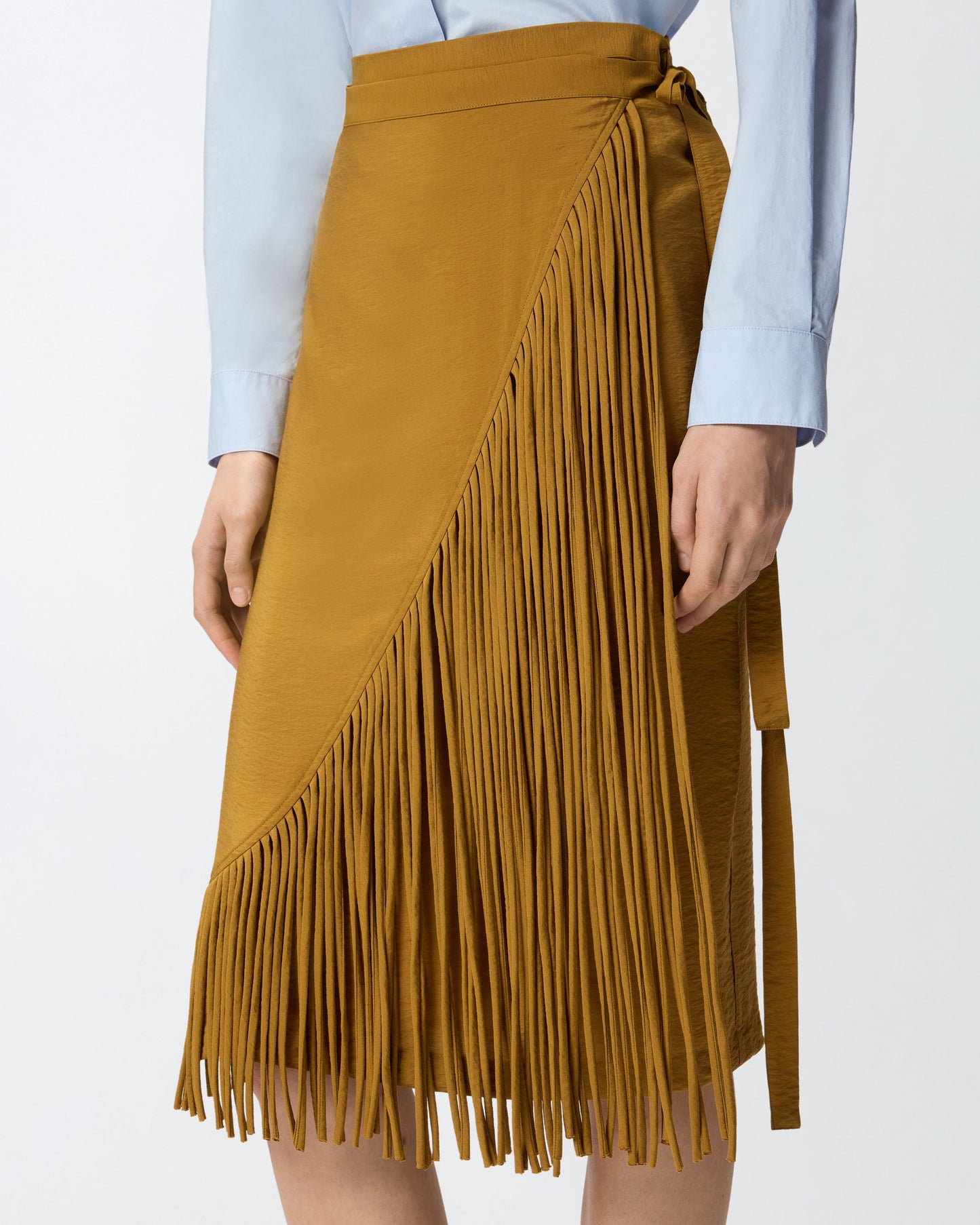 Calf-length wrap skirt with fringing