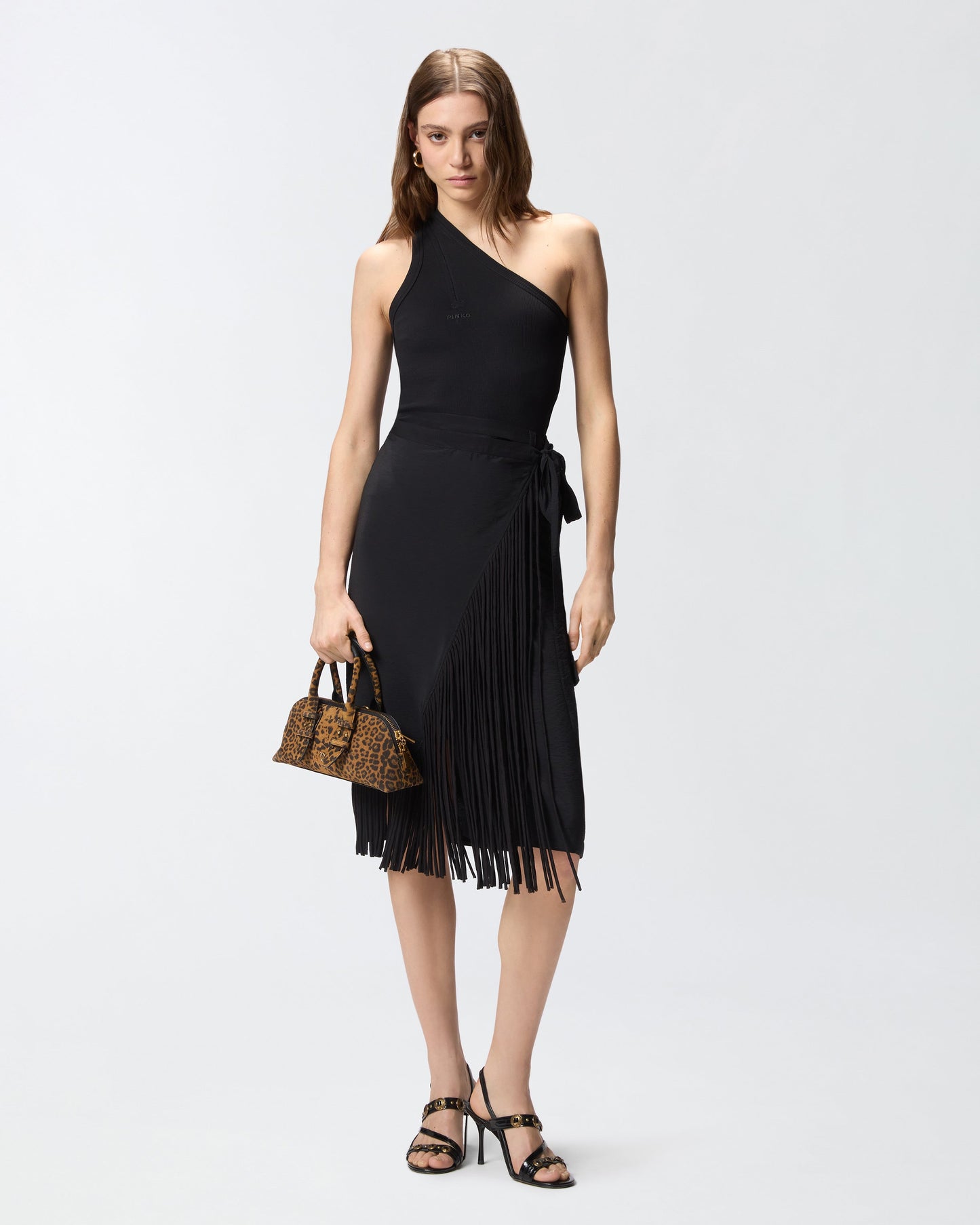 Calf-length wrap skirt with fringing