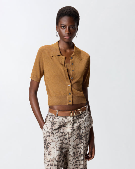 Cropped, short-sleeved cardigan with collar