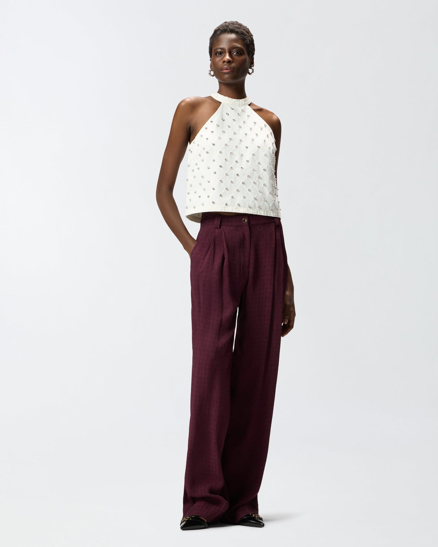 Halterneck top with diamond motif and rhinestones