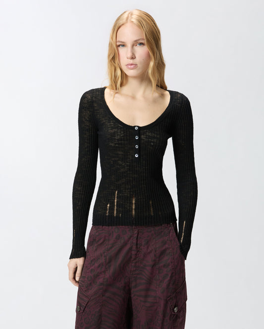 Lightweight ribbed cotton Henley sweater