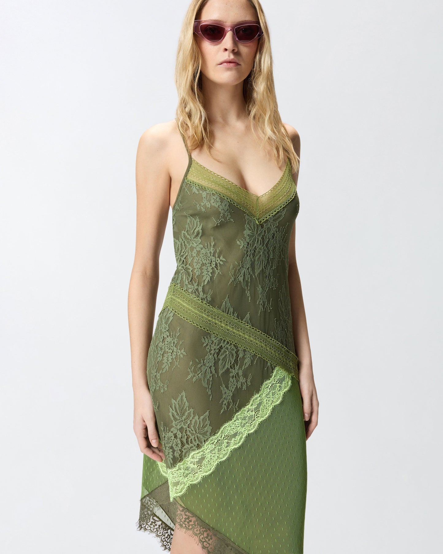 Asymmetric patchwork-effect lace mini dress