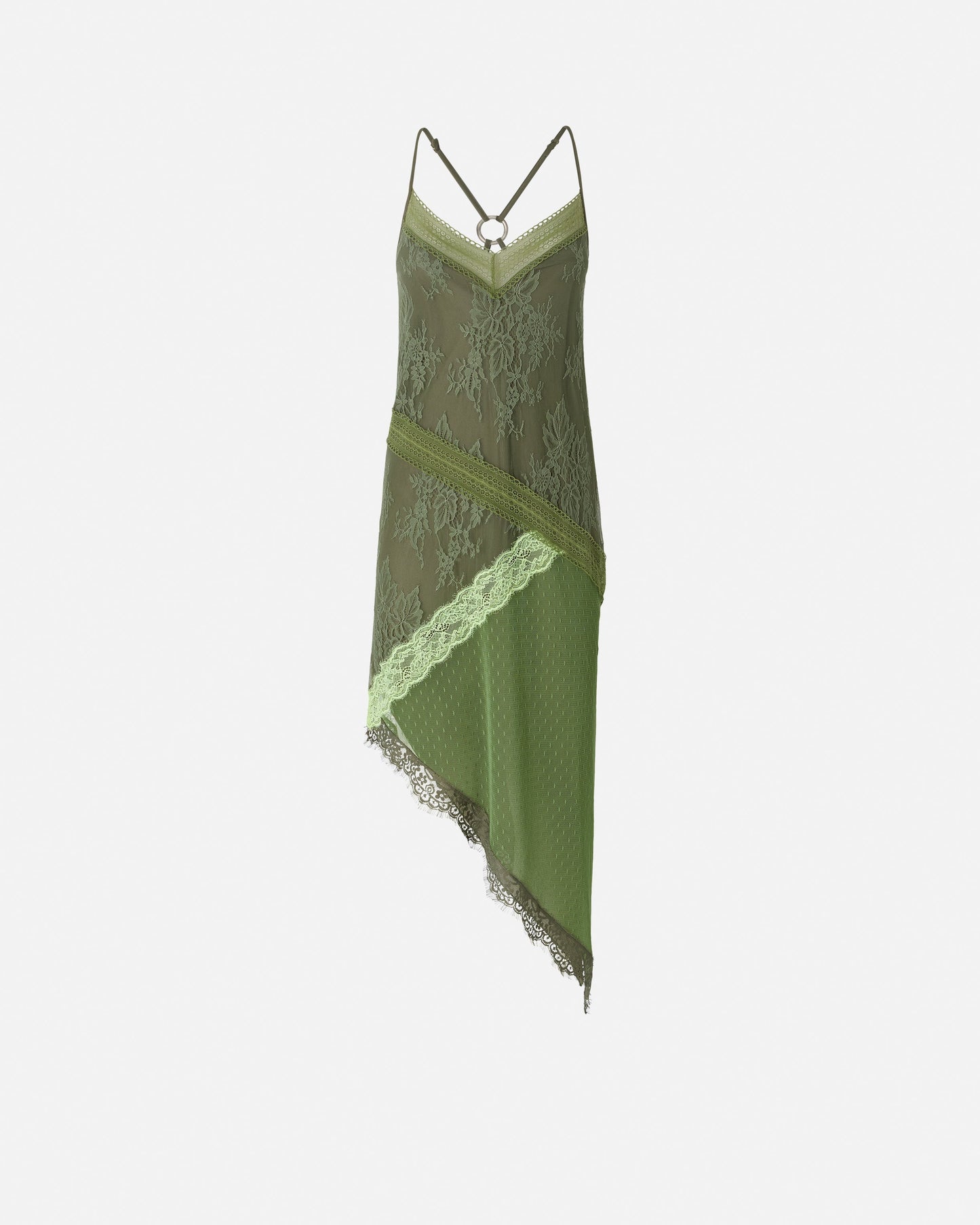 Asymmetric patchwork-effect lace mini dress