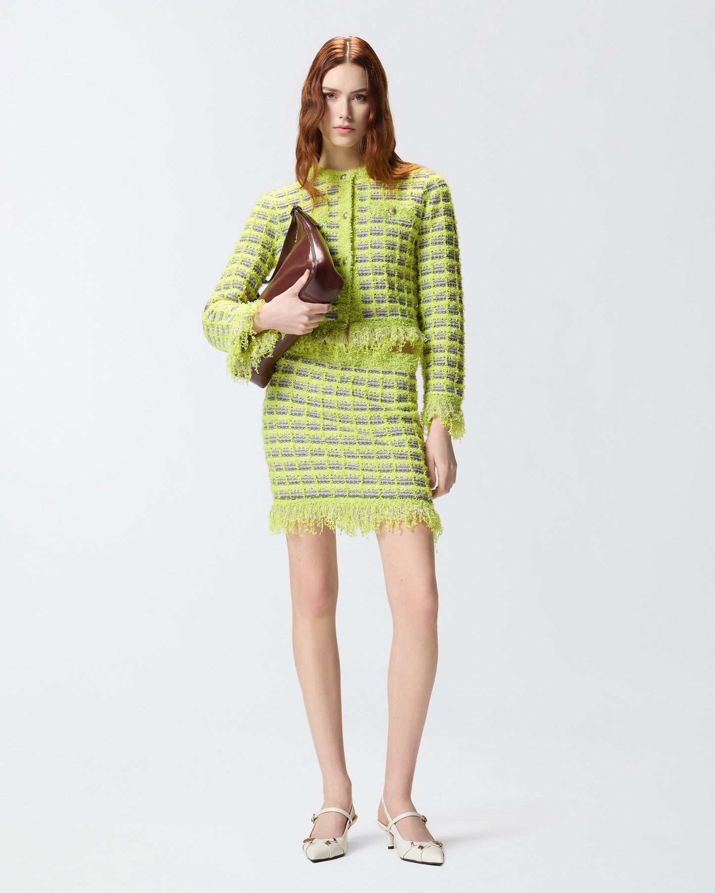 Mini skirt in basketweave and frayed knit