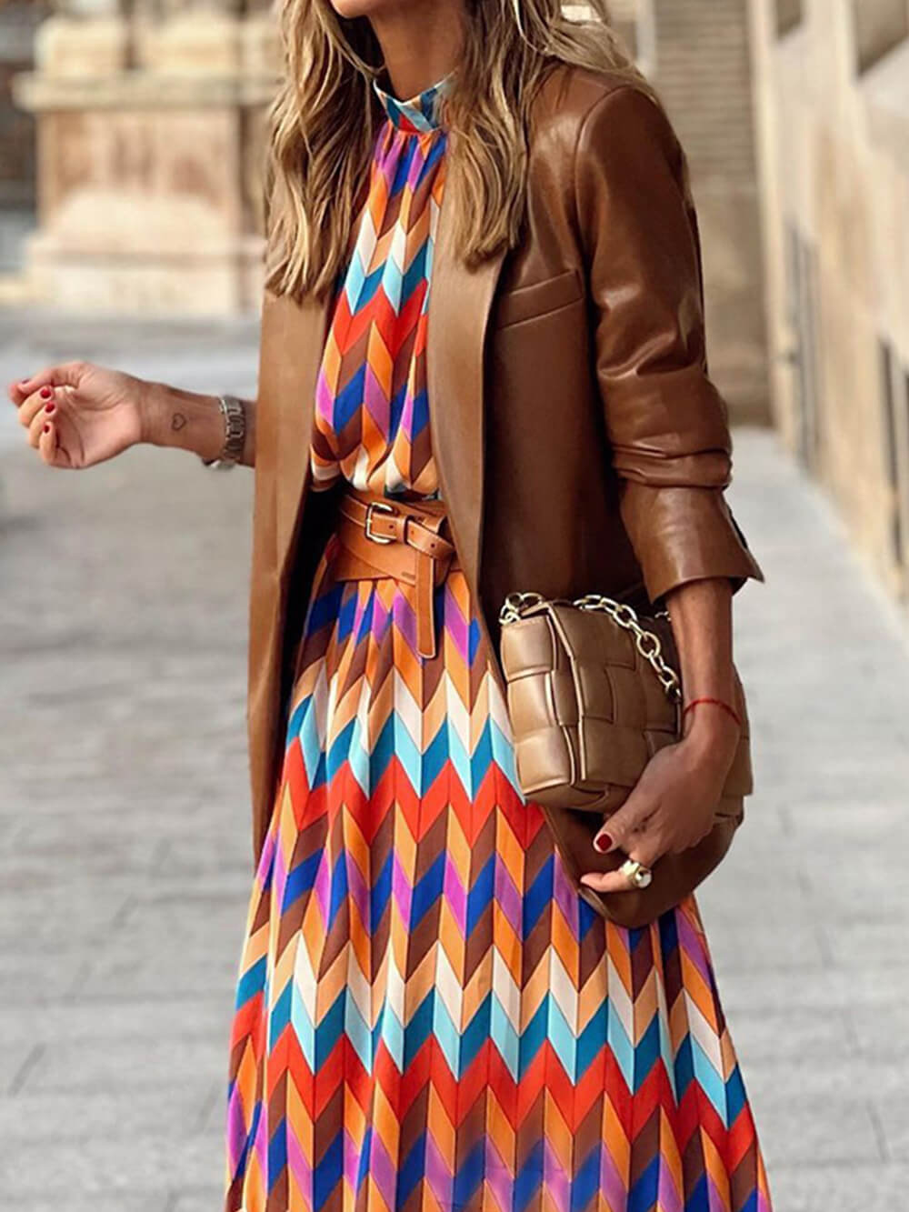 Elegant stand-up collar midi dress