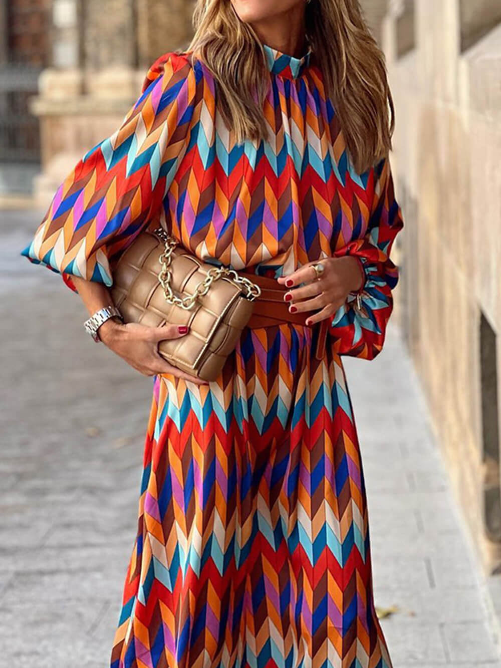 Elegant stand-up collar midi dress