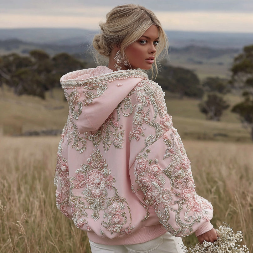 Damen Hoodie mit Blumenstickerei und langen Ärmeln, Rosa