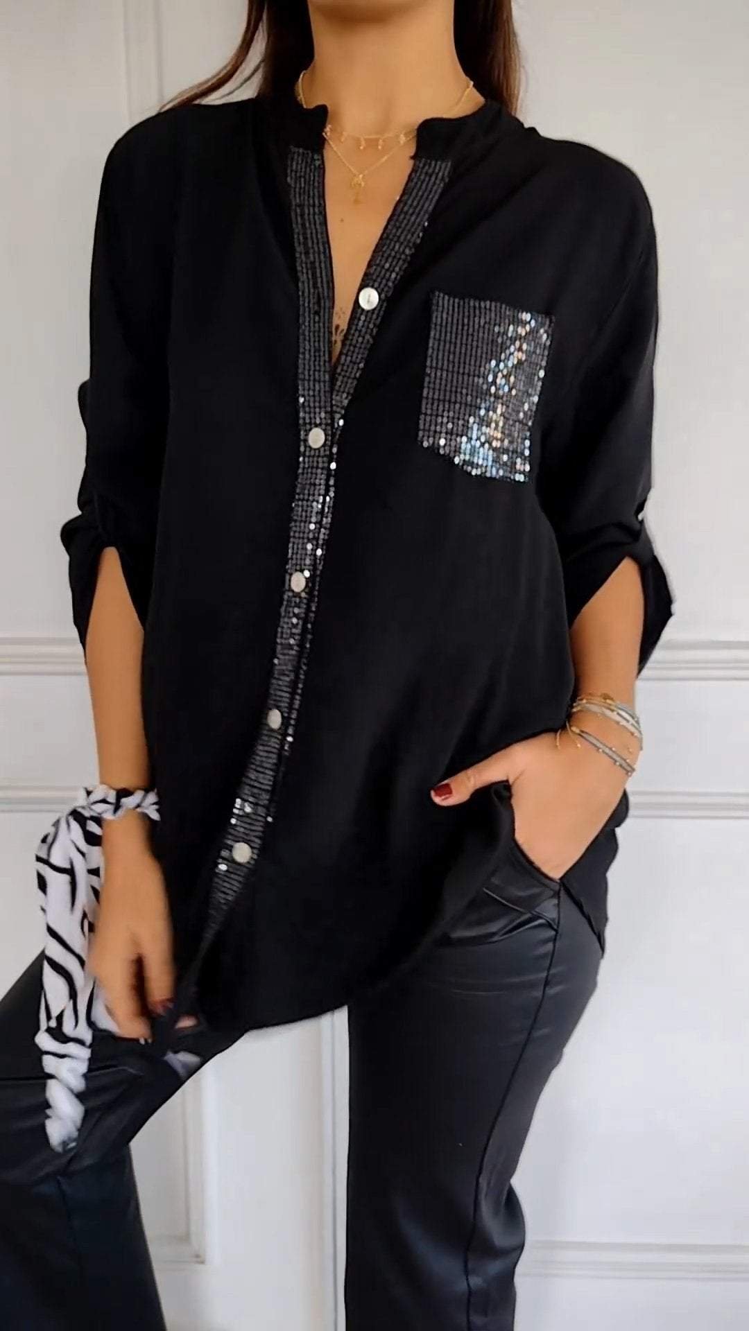 Baumwoll-V-Ausschnitt Pailletten Halbarm Casual-Top (2 kaufen gratis Versand)