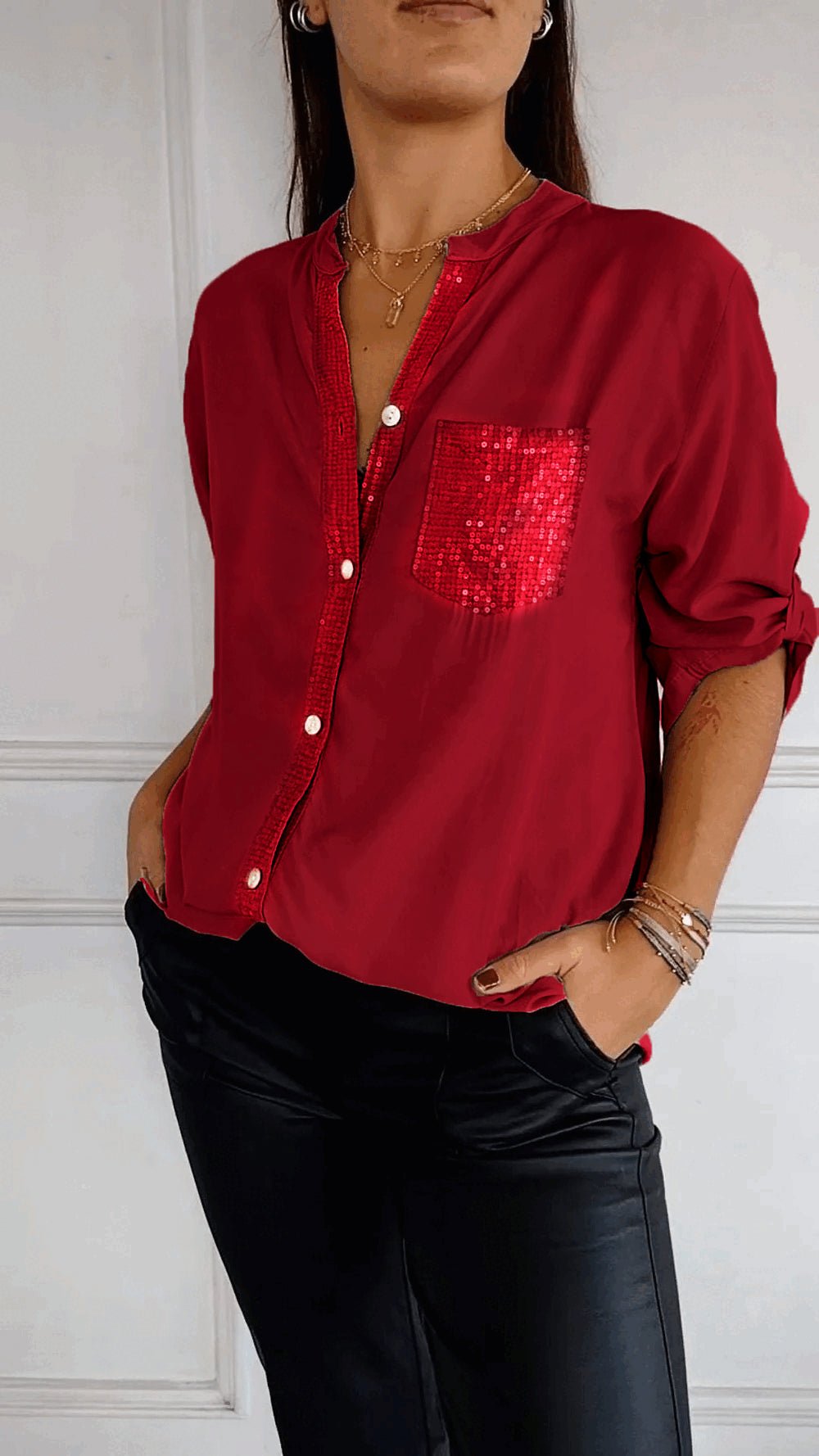 Baumwoll-V-Ausschnitt Pailletten Halbarm Casual-Top (2 kaufen gratis Versand)