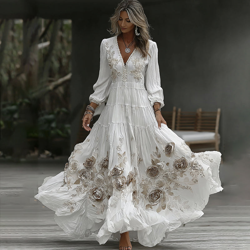 Damen Vintage Rose Stickerei Kunst V-Ausschnitt Freizeit Langarm Maxikleid
