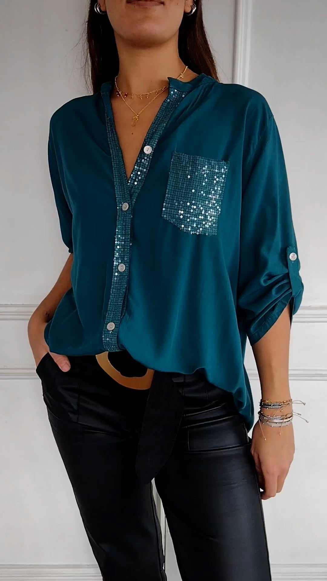 Baumwoll-V-Ausschnitt Pailletten Halbarm Casual-Top (2 kaufen gratis Versand)